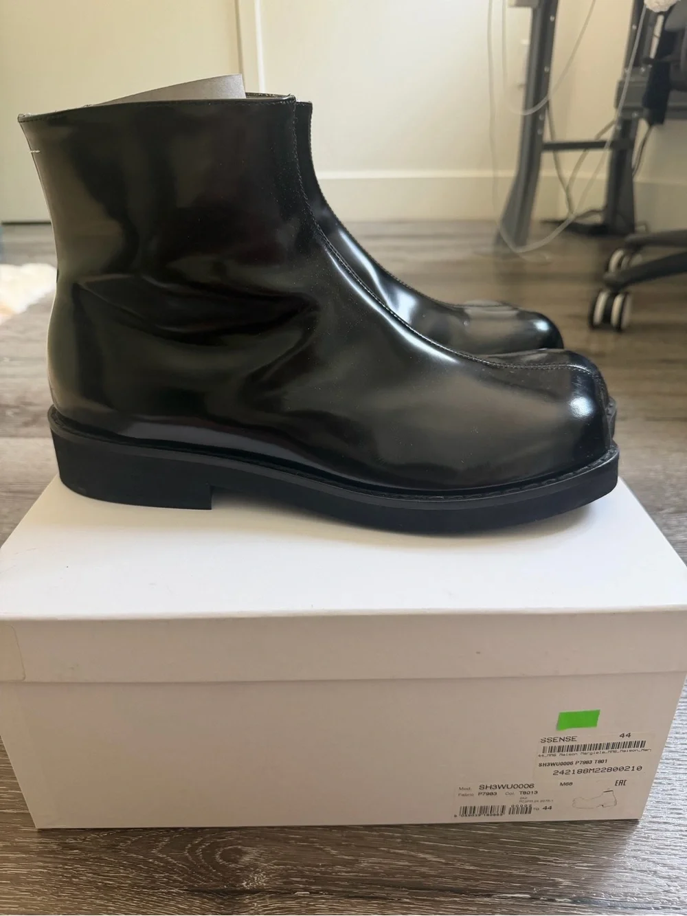 MM6 Maison Martin Margiela ‘Anatomic’ Black Glossy Leather Ankle Boots